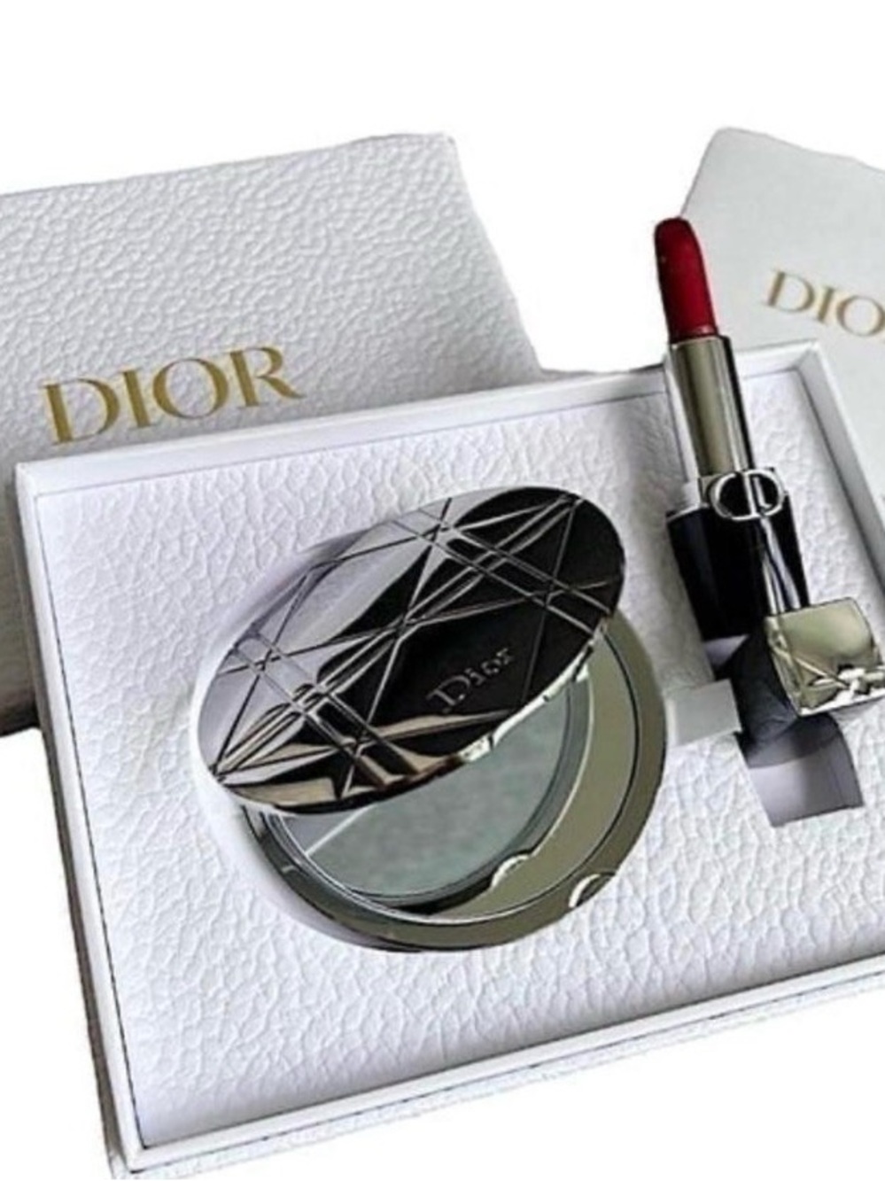 Dior Silver Metallic Compact Mirror and Dior Rouge Lipstick